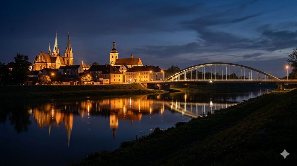 Prywatny detektyw Śrem prowadzący obserwację nocną na tle panoramy miasta i rzeki Warty